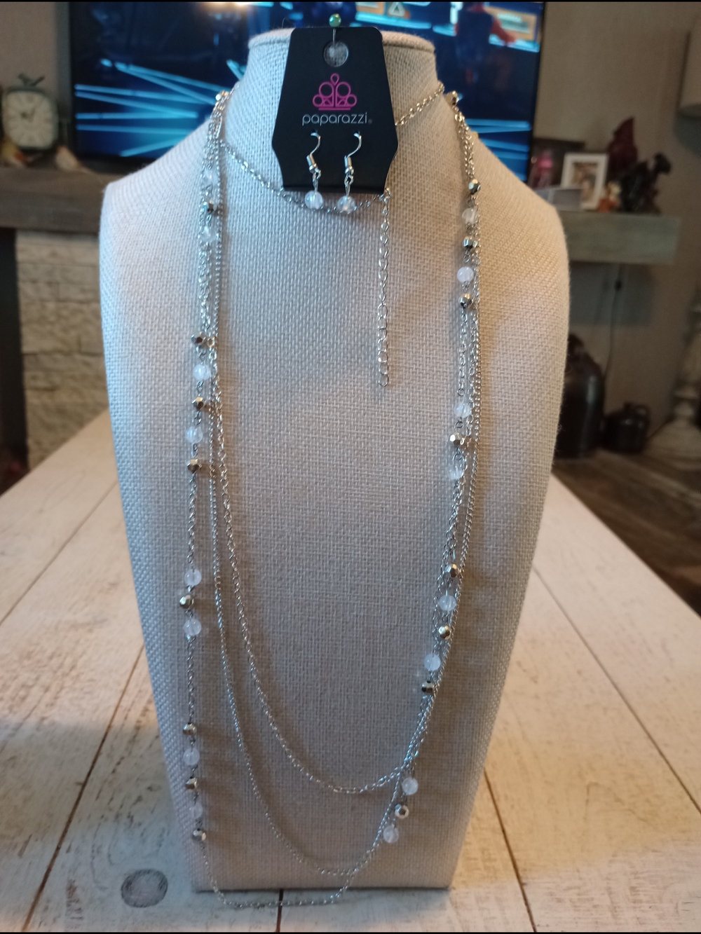paparazzi Silver Multi-Strand Necklace and Earring Set with White Beads